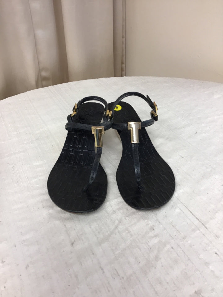 Tory Burch Women's Size 9 Black Leather Wedged Heel Sandals